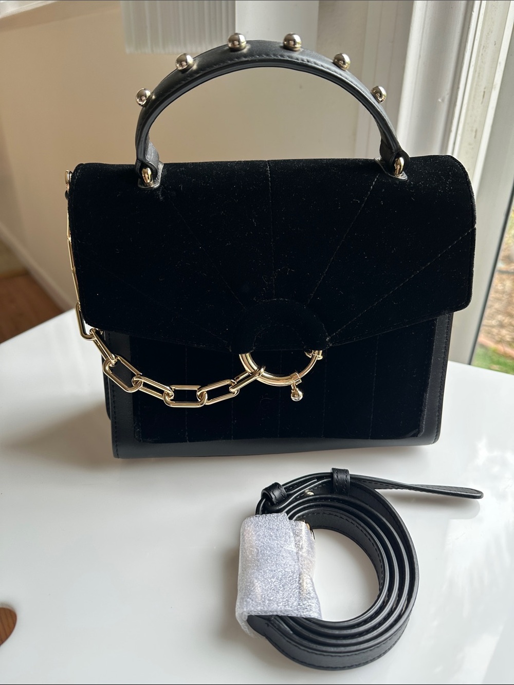 Black Velvet Top-Handle Dissona Crossbody with Gold Chain Accent